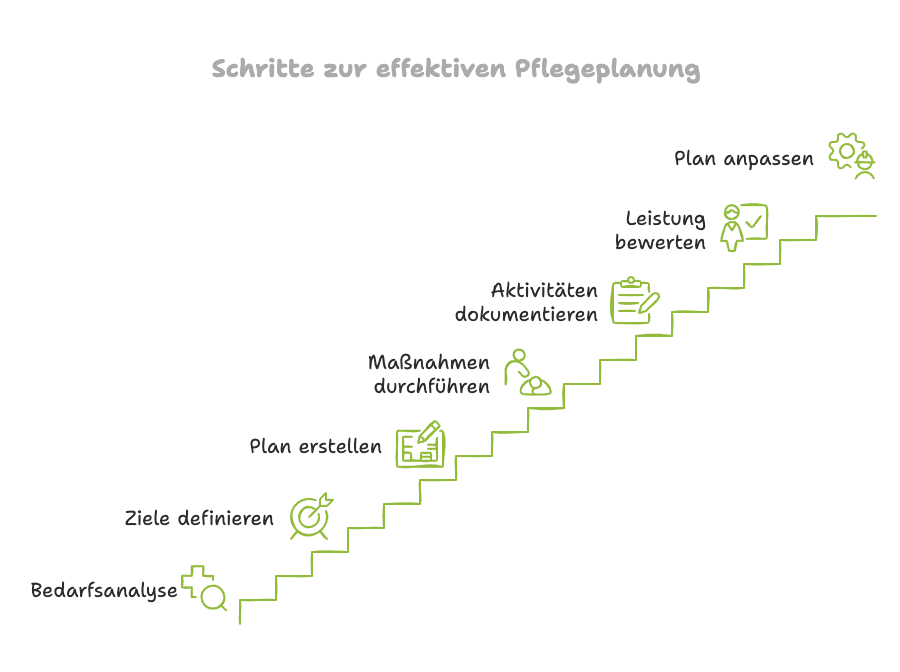 Diese Grafik zeigt die nötigen Schritte für eine effektive Pflegeplanung