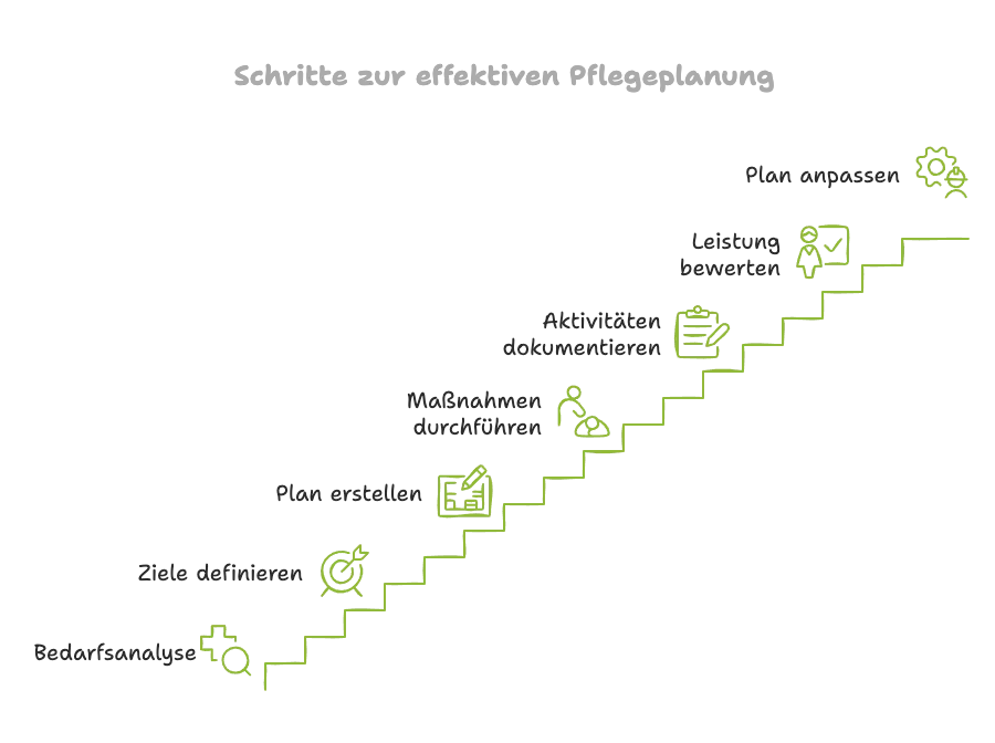 Diese Grafik zeigt die nötigen Schritte für eine effektive Pflegeplanung