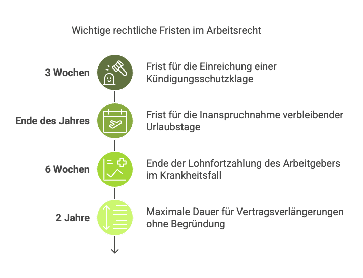 Eine Infografik über die wichtigen rechtlichen Fristen im Arbeitsrecht.